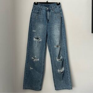 KenStudio Wide Leg high Waisted Distressed Bling  Jeans